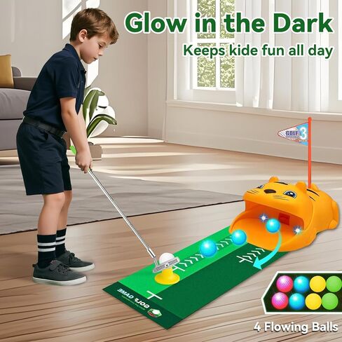 Upgraded Kids Toy Golf Set with Tiger Automatic Returner, Led Light Up Night Golf Balls, 3 Clubs, Putting Mat, 3-8 Toddler Mini Golf Games, Indoor Outdoor Sports Toys for Kids in Saudi Arabia