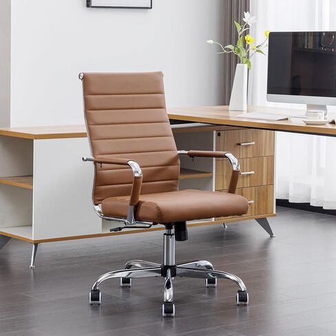 Okeysen Office Desk Chair, Ergonomic Leather Modern Conference Room Chairs, Executive Ribbed Height Adjustable Swivel Rolling Chair for Home Office（Black） in Saudi Arabia
