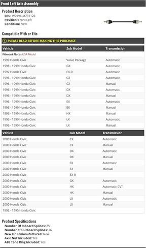 مجموعة المحور الأمامي الأيسر للسائق - متوافقة مع هوندا سيفيك 1992-2000 in Saudi Arabia