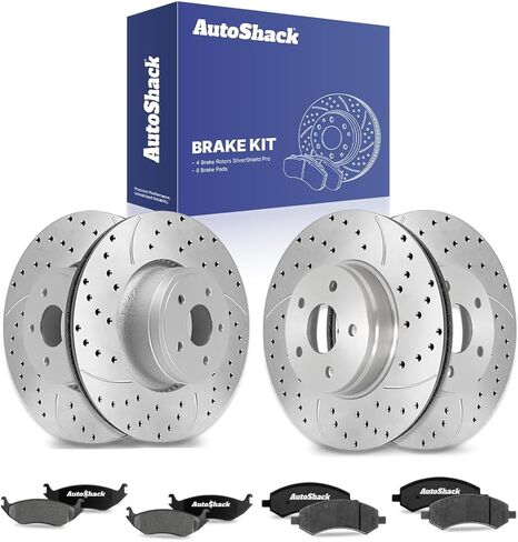 دوارات الفرامل الأمامية والخلفية المحفورة والمشقوقة من AutoShack بديل وسادات الفرامل السيراميكية الممتازة لدودج دورانجو كرايسلر أسبن 2006-2018 Ram 1500 4WD E-Coated 12-PC طقم فرامل ShadowGuard in Saudi Arabia