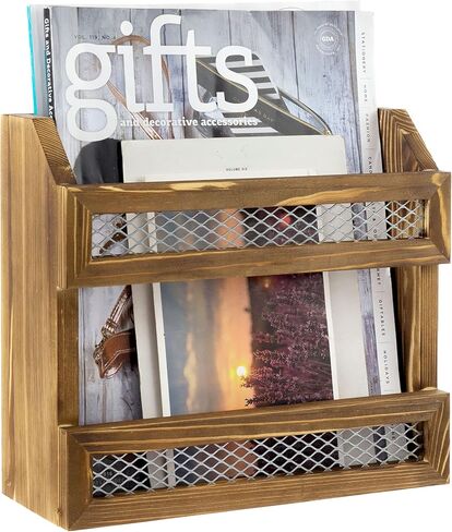MyGift Magazine Holder Wall Mounted Rustic Burnt Solid Wood Double Wide Rack with Matte Black Metal Bar and Chicken Wire Decoration, Book Display Storage in Saudi Arabia