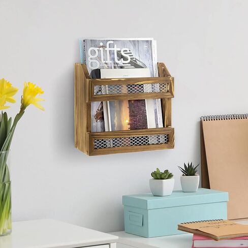 MyGift Magazine Holder Wall Mounted Rustic Burnt Solid Wood Double Wide Rack with Matte Black Metal Bar and Chicken Wire Decoration, Book Display Storage in Saudi Arabia