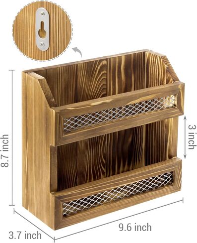 MyGift Magazine Holder Wall Mounted Rustic Burnt Solid Wood Double Wide Rack with Matte Black Metal Bar and Chicken Wire Decoration, Book Display Storage in Saudi Arabia