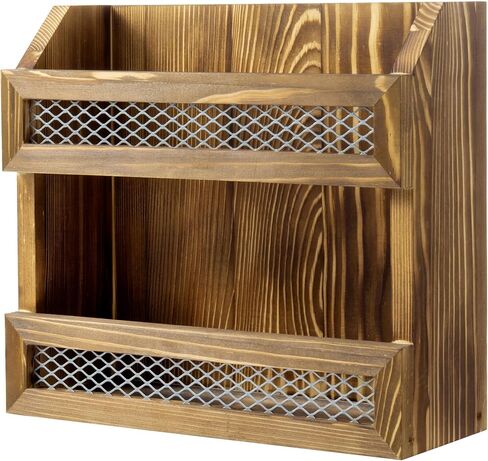 MyGift Magazine Holder Wall Mounted Rustic Burnt Solid Wood Double Wide Rack with Matte Black Metal Bar and Chicken Wire Decoration, Book Display Storage in Saudi Arabia