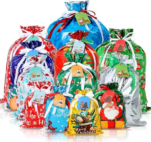 YAEYIA 38pcs Christmas Gift Bags 5 Assorted Sizes，Drawstring Christmas Gift Bags with Tags，Colorful Designs for Holiday Present Wrapping，Jumbo/Extra Large/Large/Medium/Small Size in Saudi Arabia