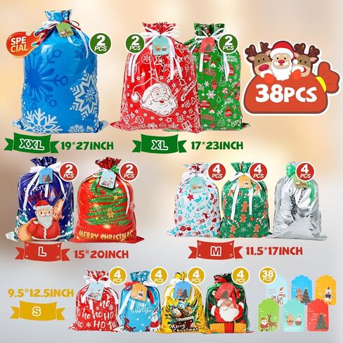 YAEYIA 38pcs Christmas Gift Bags 5 Assorted Sizes，Drawstring Christmas Gift Bags with Tags，Colorful Designs for Holiday Present Wrapping，Jumbo/Extra Large/Large/Medium/Small Size in Saudi Arabia