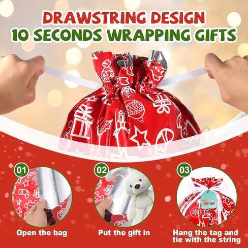 YAEYIA 38pcs Christmas Gift Bags 5 Assorted Sizes，Drawstring Christmas Gift Bags with Tags，Colorful Designs for Holiday Present Wrapping，Jumbo/Extra Large/Large/Medium/Small Size in Saudi Arabia