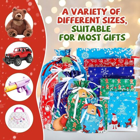 YAEYIA 38pcs Christmas Gift Bags 5 Assorted Sizes，Drawstring Christmas Gift Bags with Tags，Colorful Designs for Holiday Present Wrapping，Jumbo/Extra Large/Large/Medium/Small Size in Saudi Arabia