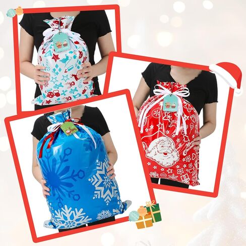 YAEYIA 38pcs Christmas Gift Bags 5 Assorted Sizes，Drawstring Christmas Gift Bags with Tags，Colorful Designs for Holiday Present Wrapping，Jumbo/Extra Large/Large/Medium/Small Size in Saudi Arabia