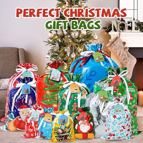YAEYIA 38pcs Christmas Gift Bags 5 Assorted Sizes，Drawstring Christmas Gift Bags with Tags，Colorful Designs for Holiday Present Wrapping，Jumbo/Extra Large/Large/Medium/Small Size in Saudi Arabia