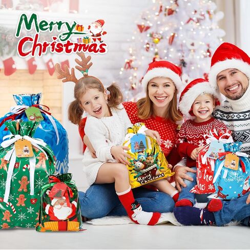 YAEYIA 38pcs Christmas Gift Bags 5 Assorted Sizes，Drawstring Christmas Gift Bags with Tags，Colorful Designs for Holiday Present Wrapping，Jumbo/Extra Large/Large/Medium/Small Size in Saudi Arabia
