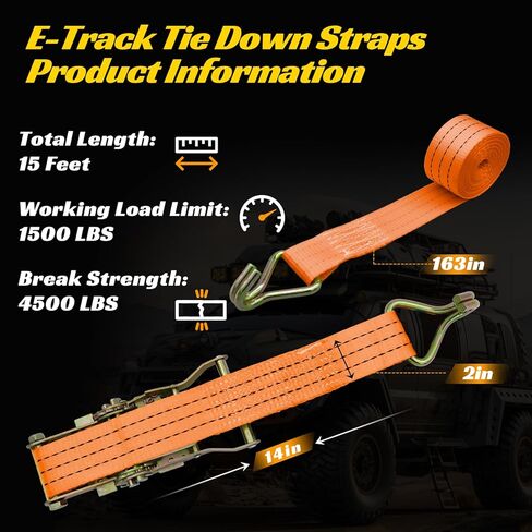 6 عبوات من أشرطة السقاطة شديدة التحمل مقاس 2 × 15 بوصة - قوة كسر 4500 رطل - أشرطة ربط مع خطافات على شكل حرف J للشاحنات والمقطورات والدراجات النارية والبضائع (برتقالي) in Kuwait