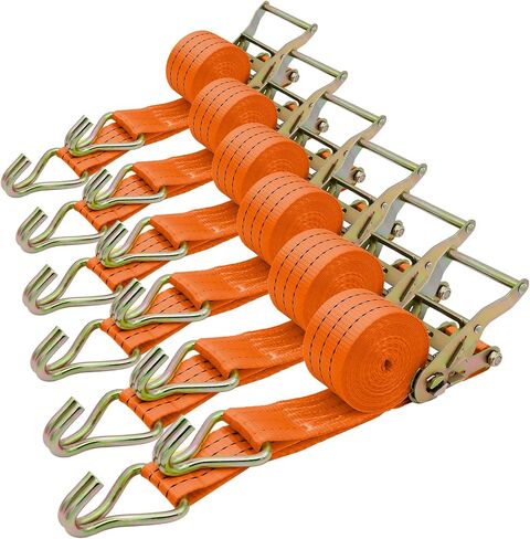6 عبوات من أشرطة السقاطة شديدة التحمل مقاس 2 × 15 بوصة - قوة كسر 4500 رطل - أشرطة ربط مع خطافات على شكل حرف J للشاحنات والمقطورات والدراجات النارية والبضائع (برتقالي) in Kuwait