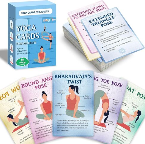 gisgfim Yoga Cards 92 Yoga Poses Workout Positions Flashcards with Instructions Cues and Sanskrit Names for Home Gym Use Beginner Advanced Learner Educational Activity Promote Mindfulness Relaxation in Saudi Arabia