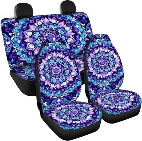 Mandala Flower Car Seat Covers Full Set Front Rear Seats Protector Universal Fit Interior Car Accessories for Most Cars Sedan Van Truck SUV Purple and Blue in Saudi Arabia