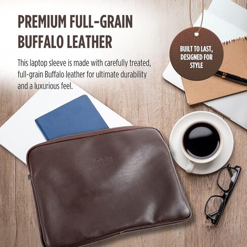 KING KONG Leather Laptop Sleeve, 14'' Notebook Case, Full-Grain Buffalo Leather Laptop Sleeve, Soft Cushioning and Waterproof Lining, Premium Zip, Designed to fit Mac Laptops, Brown in Saudi Arabia