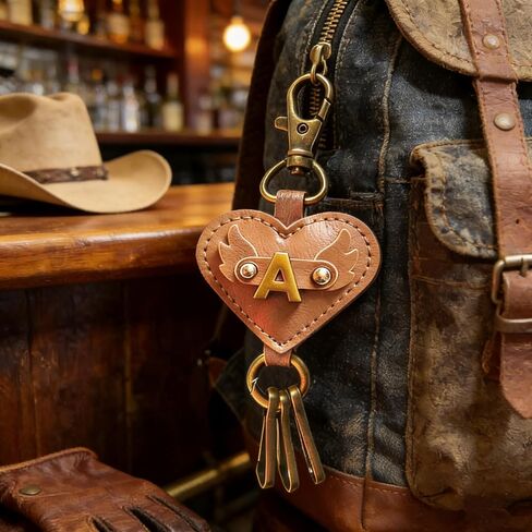 Initial Letter Brown Leather Alphabet Keychain with Easy Clasp,Retro Style Key Car Bag Key Ring Charm for Women in Saudi Arabia