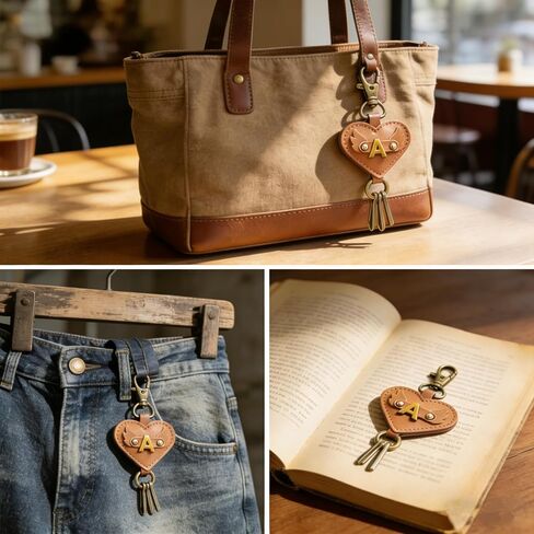 Initial Letter Brown Leather Alphabet Keychain with Easy Clasp,Retro Style Key Car Bag Key Ring Charm for Women in Saudi Arabia