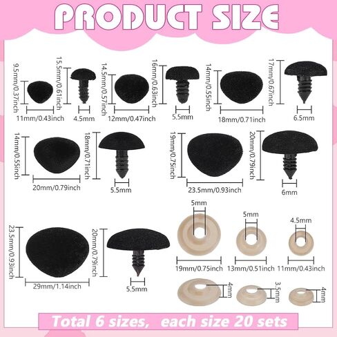 PH PandaHall 120pcs Flocking Safety Noses, 6 Size Stuffed Animal Triangle Nose Plastic Safety Noses Bulk Craft Nose with Washers for Amigurumi and Plush Crafts Crochet Projects, 11-29mm, Brown in Saudi Arabia
