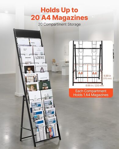 VEVOR Brochure Display Rack, 20 Pockets Magazine Literature Display Stand, Portable Floor Standing Magazine Rack, Metal Newspaper Catalog Holders for Shop, Exhibitions, Office, Trade Show, Black in Saudi Arabia