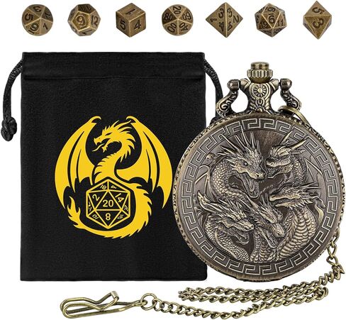 مجموعة نرد صغيرة DND، حافظة ساعة جيب Steampunk Retro Five Dragon Heads Shell، مجموعة DND Starter، مجموعة نرد معدنية متعددة السطوح 7 قطع، هدايا D&D مع حقيبة هدايا، ملحقات ألعاب لوحة لعب الأدوار، فضي in Saudi Arabia