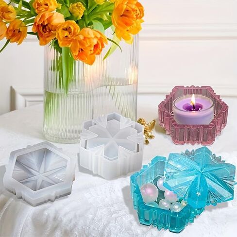 1 Set Snowflake Design Resin Mold Jewelry Box with Lid Silicone Epoxy Casting Mold for DIY Crafts Candy Storage in Saudi Arabia
