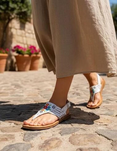 Mexican Leather Sandals with Embroidered Flowers for Women - Model 1314 (7, Black) in Kuwait