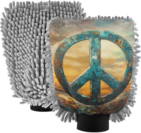 AIXIWAWA Car Wash Mitt Washing Glove Big Peace Sign Print Scratch Free Water Absorbent 2 Pack Medium in Saudi Arabia