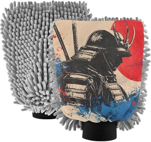 AIXIWAWA Car Wash Mitt Washing Glove Silhouettes Samurai Print Scratch Free Water Absorbent 2 Pack Medium in Saudi Arabia