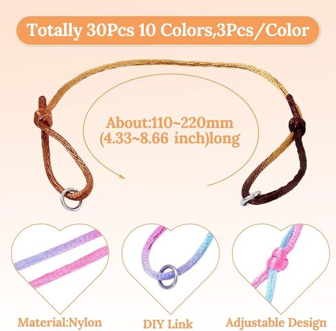 30pcs Adjustable Braided Waxed Cord Bracelets Colorful Nylon String Friendship Bracelet with Jump Rings for Jewelry Making 4.33-8.66inch in Saudi Arabia