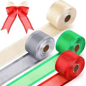 60 Yards Christmas Ribbon Wired Satin Edge Organza 4 Rolls 1.57 Inch Gold Silver Red Green Wrapping Christmas Decorative Fabric Ribbon for Holiday DIY Craft Wrapping Bouquet Bow Wreath in Kuwait