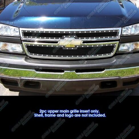 APS متوافق مع Chevy Silverado 2500HD 3500 2005-2006 & 06 1500 HD SS & 07 Classic الرئيسي العلوي من الفولاذ المقاوم للصدأ شبكة سوداء برشام ترصيع شبكة أمامية S18-H6035LC in Saudi Arabia