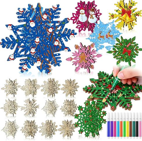 Kathfly 60 Pcs Christma Craft Gift Set 48 Snowflake Wooden Crafts 3D Snowflake Cutouts with 12 Colored Markers Wooden Unfinished Slices Paintable Blank Wood Slices for Winter DIY Handmade Decor in Saudi Arabia