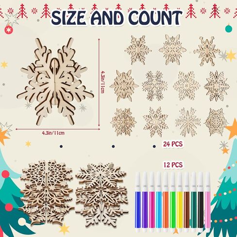 Kathfly 60 Pcs Christma Craft Gift Set 48 Snowflake Wooden Crafts 3D Snowflake Cutouts with 12 Colored Markers Wooden Unfinished Slices Paintable Blank Wood Slices for Winter DIY Handmade Decor in Saudi Arabia