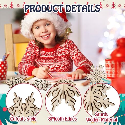 Kathfly 60 Pcs Christma Craft Gift Set 48 Snowflake Wooden Crafts 3D Snowflake Cutouts with 12 Colored Markers Wooden Unfinished Slices Paintable Blank Wood Slices for Winter DIY Handmade Decor in Saudi Arabia