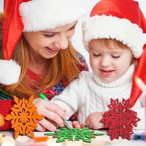 Kathfly 60 Pcs Christma Craft Gift Set 48 Snowflake Wooden Crafts 3D Snowflake Cutouts with 12 Colored Markers Wooden Unfinished Slices Paintable Blank Wood Slices for Winter DIY Handmade Decor in Saudi Arabia