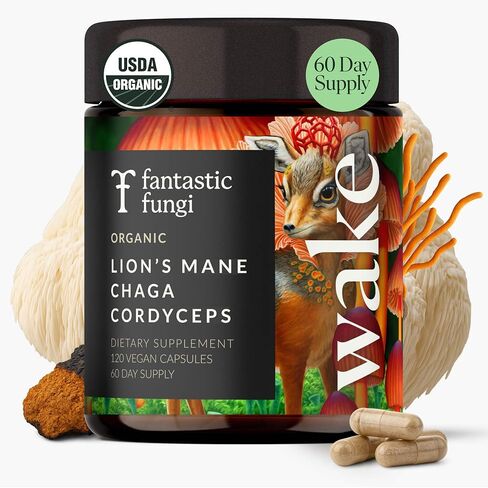 Wake Capsules | Certified Organic Lion's Mane, Cordyceps, Chaga Mushroom Supplement for Focus, Energy, and Productivity. | 60 Day Supply (120 Capsules) | 1500mg per Serving in Saudi Arabia