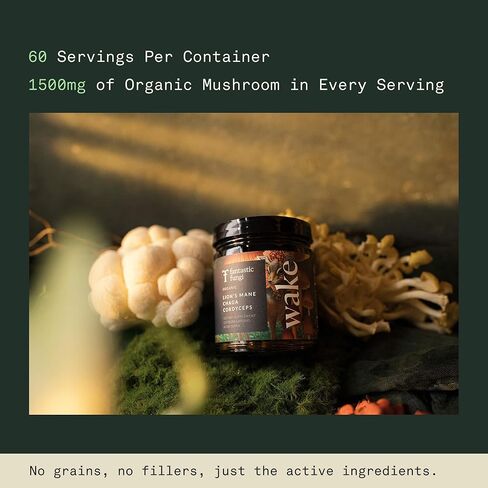 Wake Capsules | Certified Organic Lion's Mane, Cordyceps, Chaga Mushroom Supplement for Focus, Energy, and Productivity. | 60 Day Supply (120 Capsules) | 1500mg per Serving in Saudi Arabia