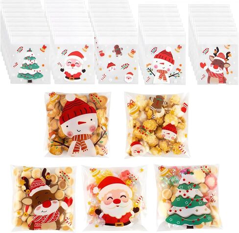 200 Pack Christmas Candy Bags, Self-Adhesive Plastic Candy Cookies Sugar Bags, DIY Xmas Santa Tree Reindeer Snowflake Elk Opp for Christmas Holiday Party Favor Gift Decoration Supplies(5 Patterns) in Saudi Arabia