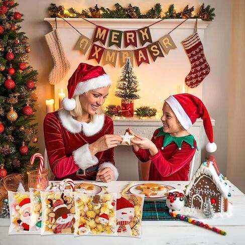 200 Pack Christmas Candy Bags, Self-Adhesive Plastic Candy Cookies Sugar Bags, DIY Xmas Santa Tree Reindeer Snowflake Elk Opp for Christmas Holiday Party Favor Gift Decoration Supplies(5 Patterns) in Saudi Arabia