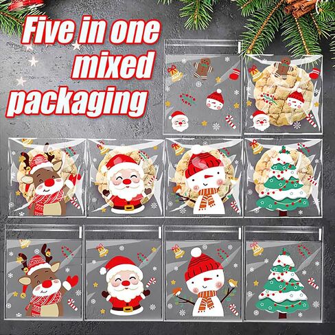 200 Pack Christmas Candy Bags, Self-Adhesive Plastic Candy Cookies Sugar Bags, DIY Xmas Santa Tree Reindeer Snowflake Elk Opp for Christmas Holiday Party Favor Gift Decoration Supplies(5 Patterns) in Saudi Arabia