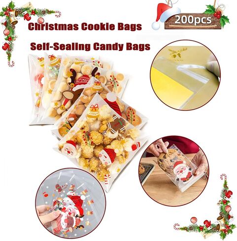 200 Pack Christmas Candy Bags, Self-Adhesive Plastic Candy Cookies Sugar Bags, DIY Xmas Santa Tree Reindeer Snowflake Elk Opp for Christmas Holiday Party Favor Gift Decoration Supplies(5 Patterns) in Saudi Arabia