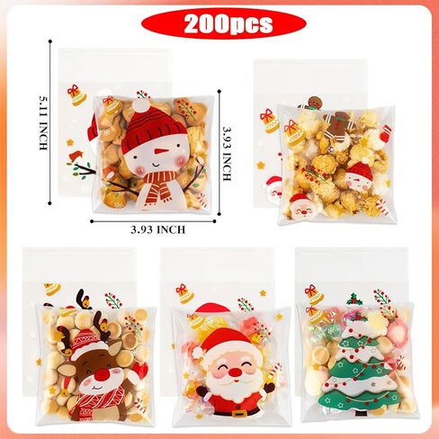 200 Pack Christmas Candy Bags, Self-Adhesive Plastic Candy Cookies Sugar Bags, DIY Xmas Santa Tree Reindeer Snowflake Elk Opp for Christmas Holiday Party Favor Gift Decoration Supplies(5 Patterns) in Saudi Arabia