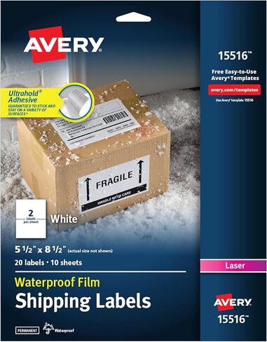 ملصقات شحن قابلة للطباعة مقاومة للماء من Avery مع تغذية مؤكدة، 5.5 بوصة × 8.5 بوصة، أبيض، 20 ملصق بريد فارغ (15516) in Kuwait