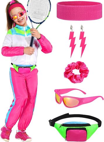 80s Outfits for Kids Girls 90s Party Workout Halloween Costume Neon Tracksuit for Disco Accessories in Kuwait