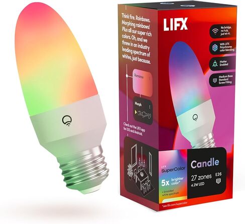 LIFX Candle Color, E12 Polychrome Technology™, Wi-Fi Smart LED Multicolors Light Bulb, 26 addressable Zones per Candle, No Bridge Required, Works with Alexa, Hey Google, HomeKit and Siri in Saudi Arabia