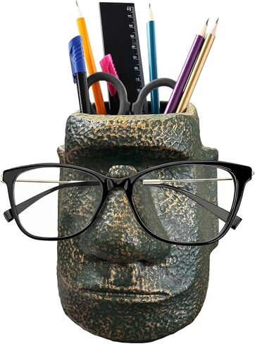 Moai Statue Eyeglass Holder and Pen Holder, Multi-Purpose Pen Holder for Stationery Whimsical Desk Organizer for Office Home Decor Creative Vase Makeup Brush Storage(Antique Bronze) in Saudi Arabia