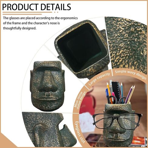 Moai Statue Eyeglass Holder and Pen Holder, Multi-Purpose Pen Holder for Stationery Whimsical Desk Organizer for Office Home Decor Creative Vase Makeup Brush Storage(Antique Bronze) in Saudi Arabia