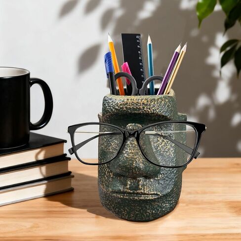 Moai Statue Eyeglass Holder and Pen Holder, Multi-Purpose Pen Holder for Stationery Whimsical Desk Organizer for Office Home Decor Creative Vase Makeup Brush Storage(Antique Bronze) in Saudi Arabia