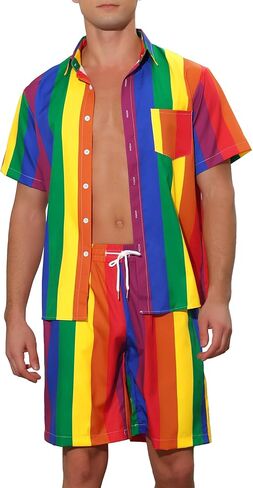 Lars Amadeus Stripe Hawaiian Sets for Men's 2 Pieces Short Sleeves Button Beach Shirt Shorts in Saudi Arabia